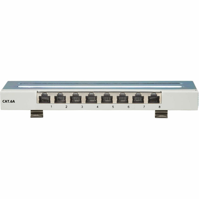 Angled view of Cat6a patch panel showing port layout and construction