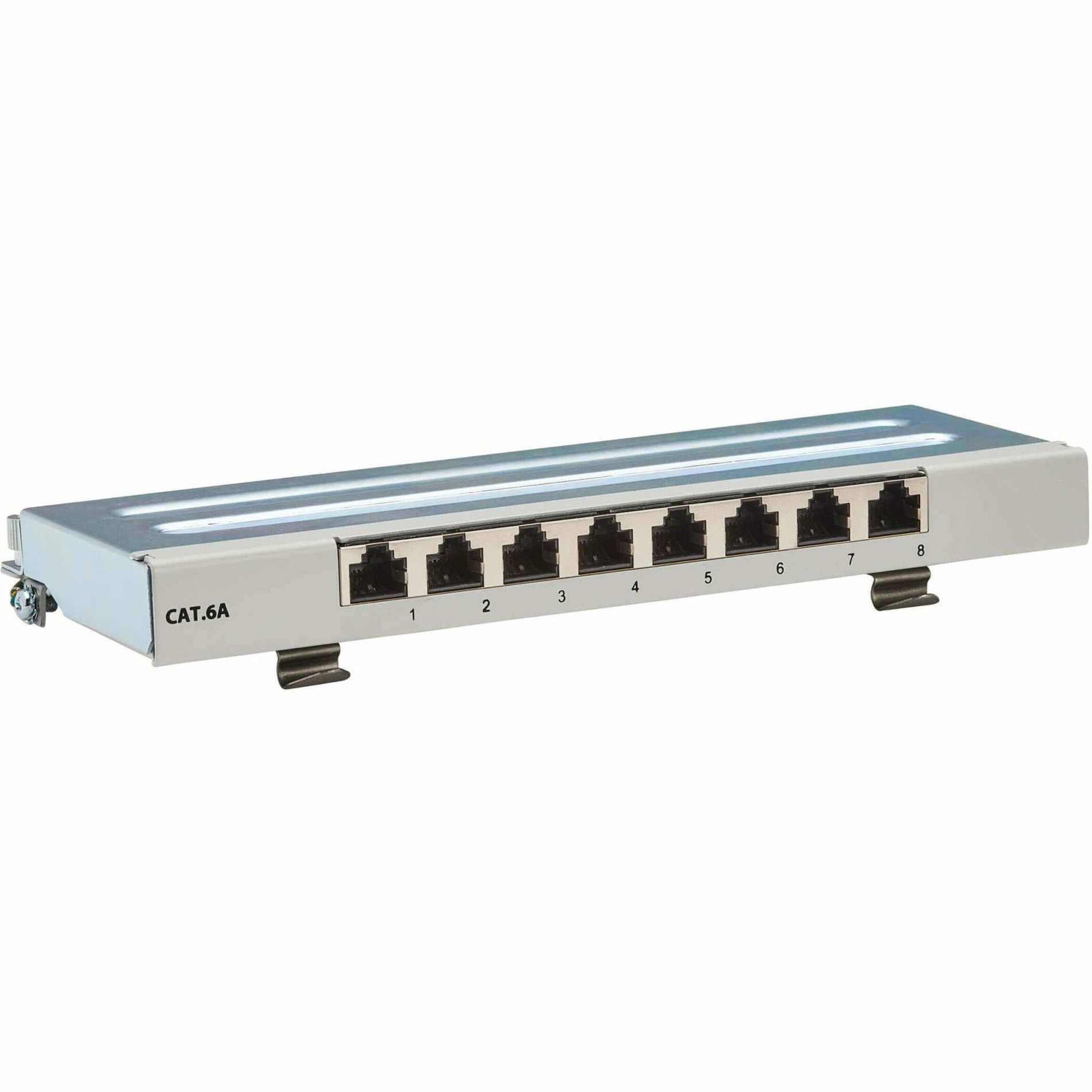 Front view of Tripp Lite N250-SH08-DIN6A Cat6a patch panel with 8 numbered ports-alternate-image1