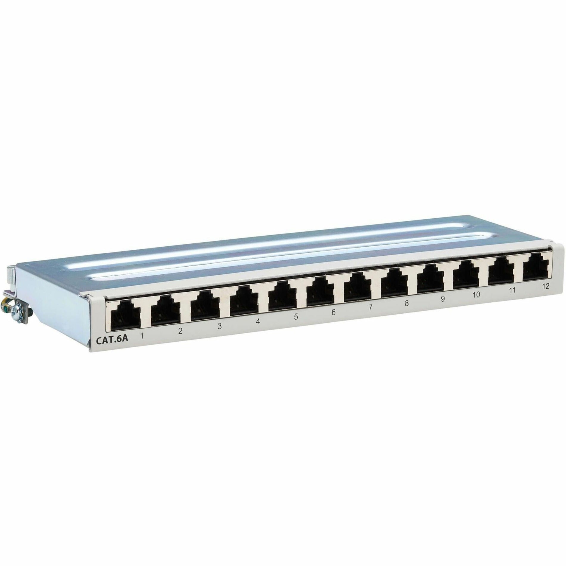 Front view of 12-port Cat6a patch panel with numbered ports-alternate-image1