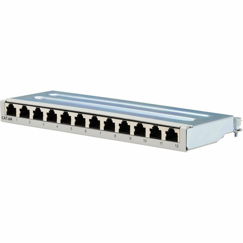 Angled view of patch panel showing port accessibility