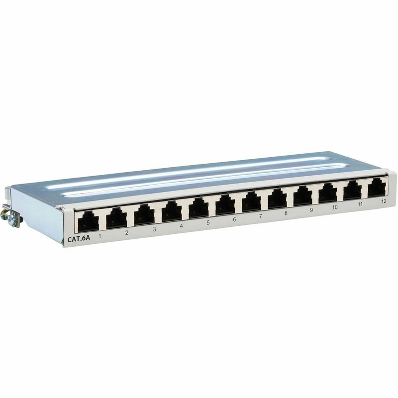 Front view of 12-port Cat6a patch panel with numbered ports