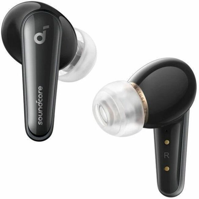 Close-up view of soundcore Liberty 4 wireless earbuds showing dual dynamic drivers and sleek black design