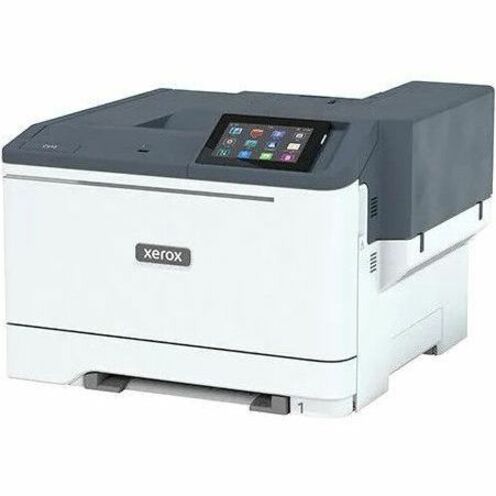 Side angle view of Xerox C410/DN VersaLink printer showing compact design and output system