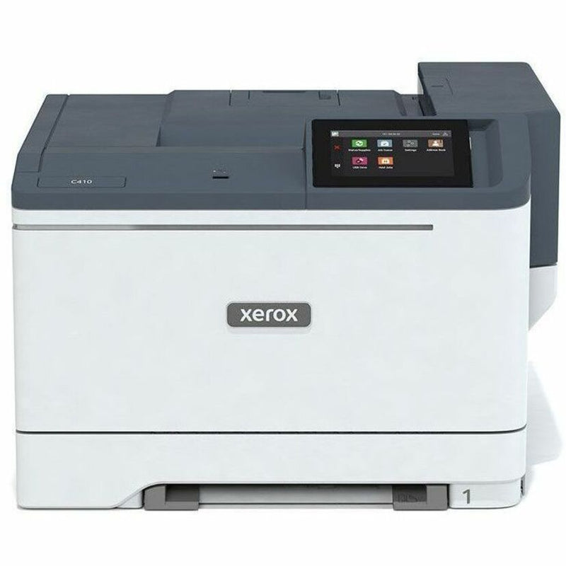 Direct front view of Xerox C410/DN VersaLink printer displaying touchscreen interface and paper handling system