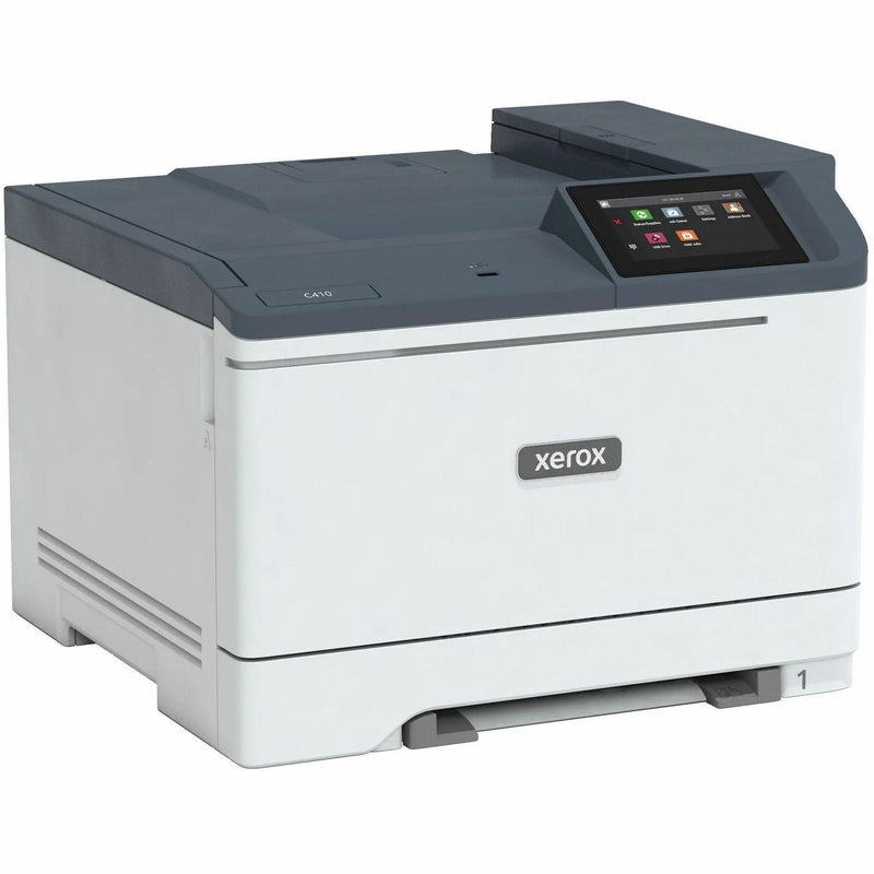 Front-angled view of Xerox C410/DN VersaLink color laser printer showing touchscreen interface and main paper tray