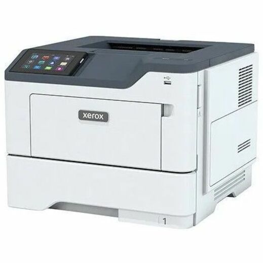 Side angle view of Xerox B410/DN printer showing compact form factor and ventilation design