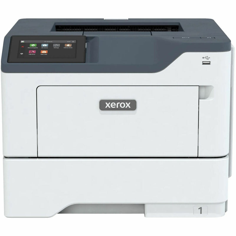 Front view of Xerox B410/DN printer showing touchscreen interface and clean white design with gray accents