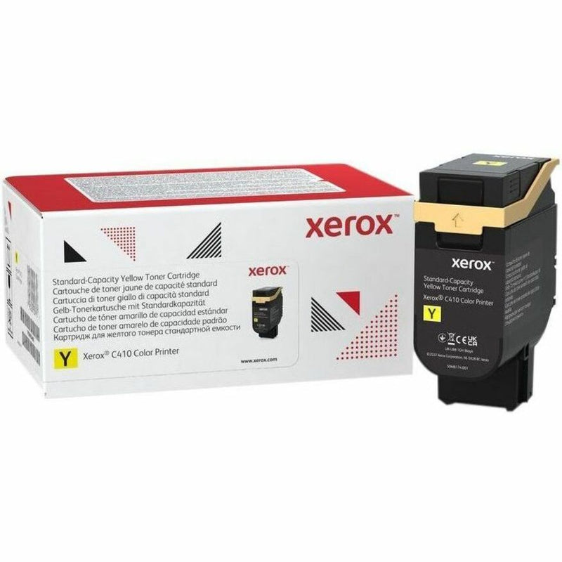 Xerox 006R04680 yellow toner cartridge showing retail packaging and cartridge unit for C410 and VersaLink C415 printers