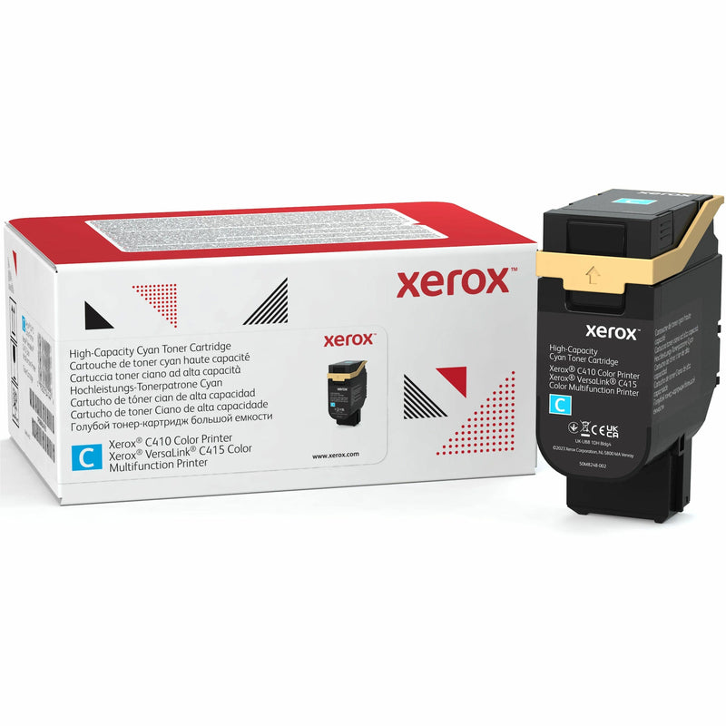 Xerox 006R04686 high-capacity cyan toner cartridge with retail packaging and cartridge unit for C410 and VersaLink C415 printers