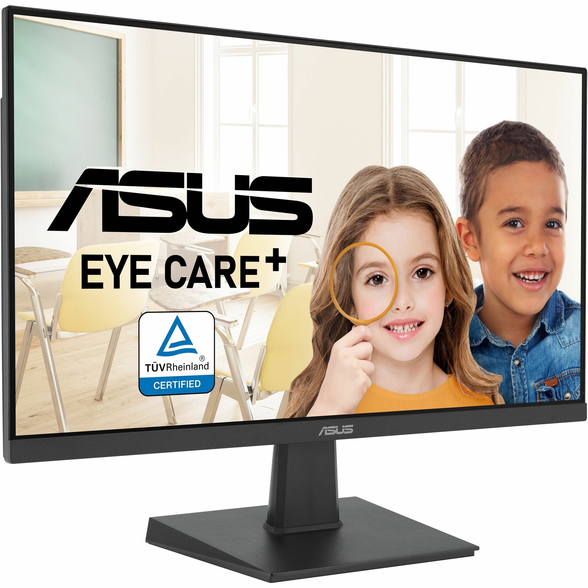 ASUS VA27EHF monitor displaying Eye Care+ certification with TÜV Rheinland logo, shown from front angle-alternate-image1