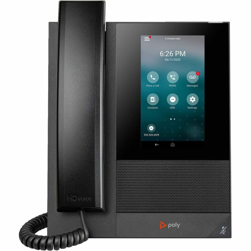 Front view of Poly CCX 400 business phone showing 5-inch touchscreen display with calling interface and HD Voice handset