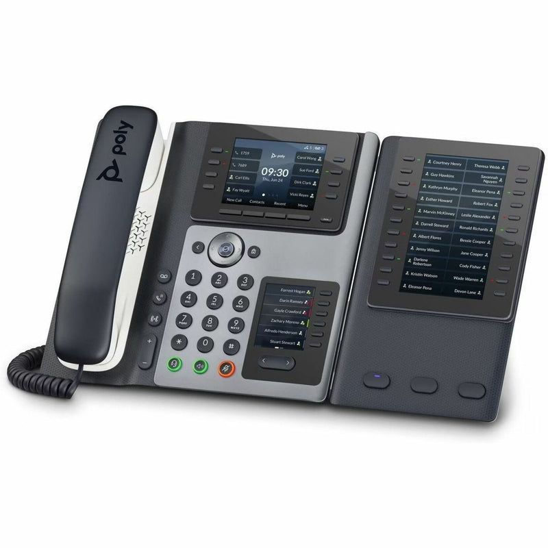 Poly Edge E450 IP phone with expansion module showing extended contact list display