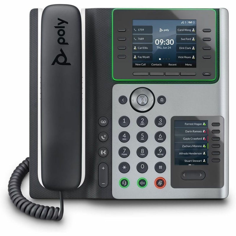 Front view of Poly Edge E450 IP phone showing dual displays, numeric keypad, and corded handset