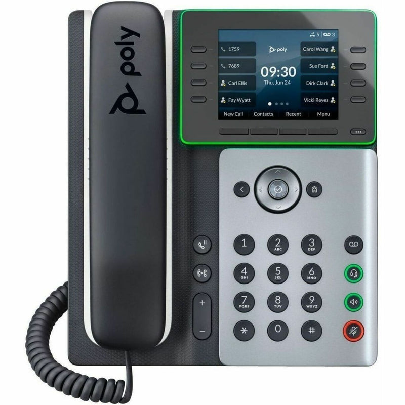 Front view of Poly Edge E500 IP phone showing 5-inch color display, numeric keypad, and handset