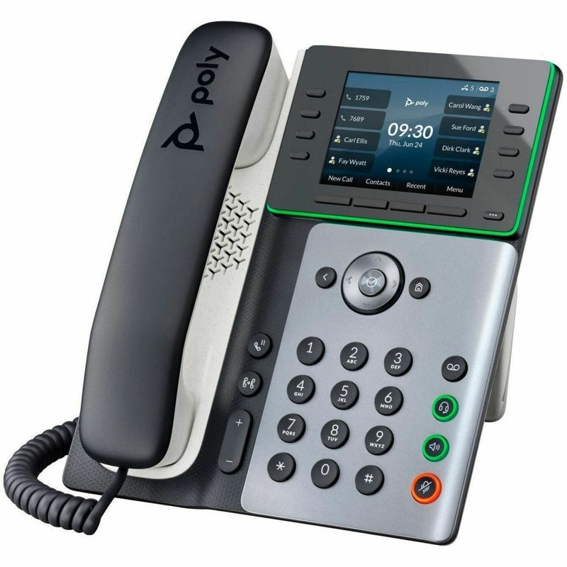 Angled view of Poly Edge E500 IP phone highlighting ergonomic design and interface layout