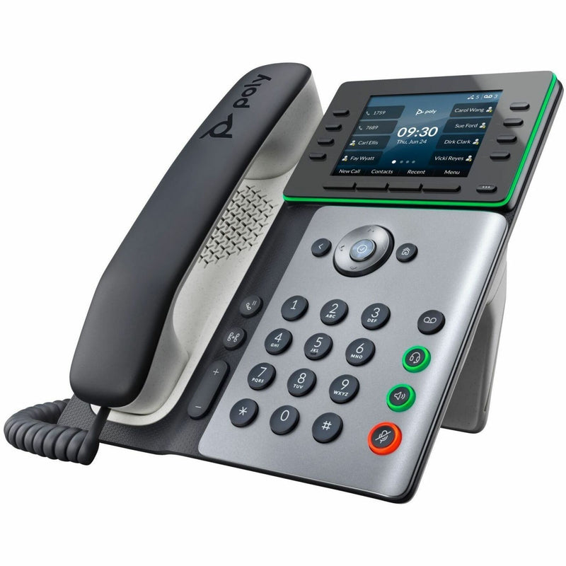 Angled view of Poly Edge E300 IP phone displaying call management interface