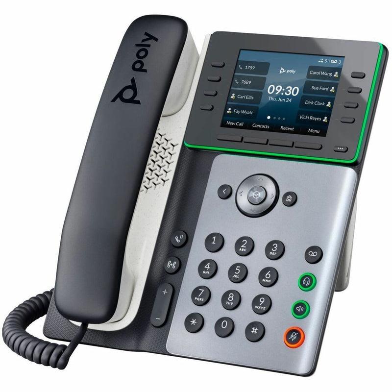 Angled view of Poly Edge E300 IP phone showing ergonomic keypad and audio controls