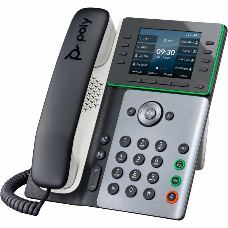 Angled view of Poly Edge E300 IP phone highlighting audio control buttons and interface