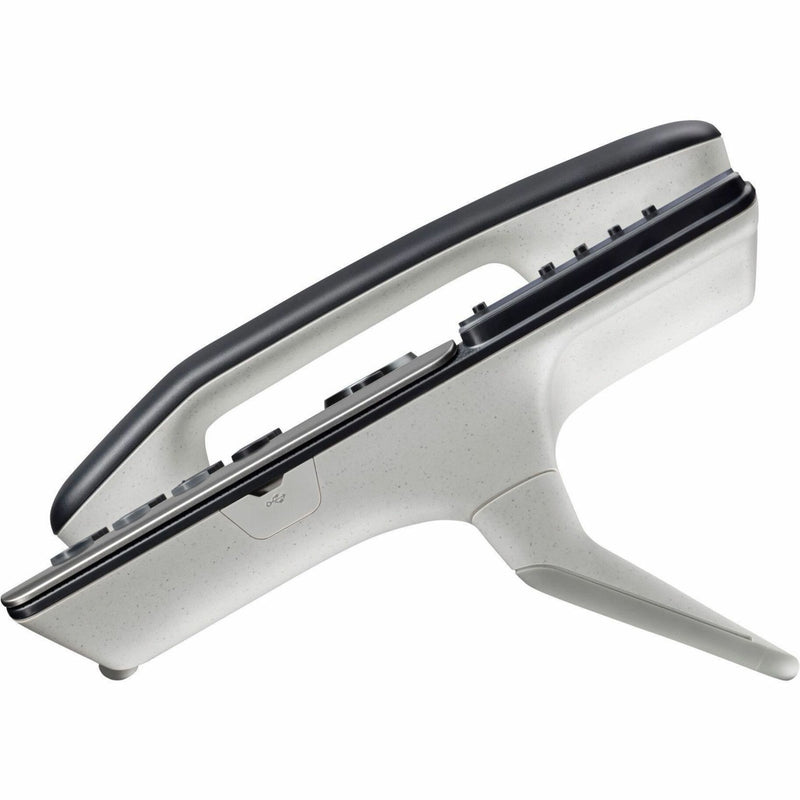 Side view of Poly Edge E300 IP phone stand showing ergonomic design