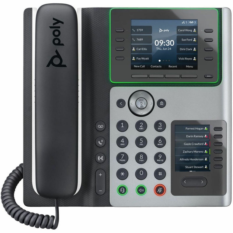 Front view of Poly Edge E400 IP phone showing dual displays, numeric keypad, and handset with modern interface