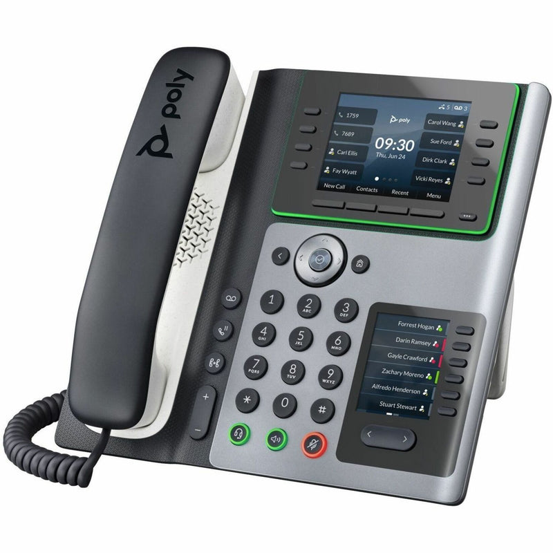 Side angle view of Poly Edge E400 IP phone highlighting ergonomic design and display layout