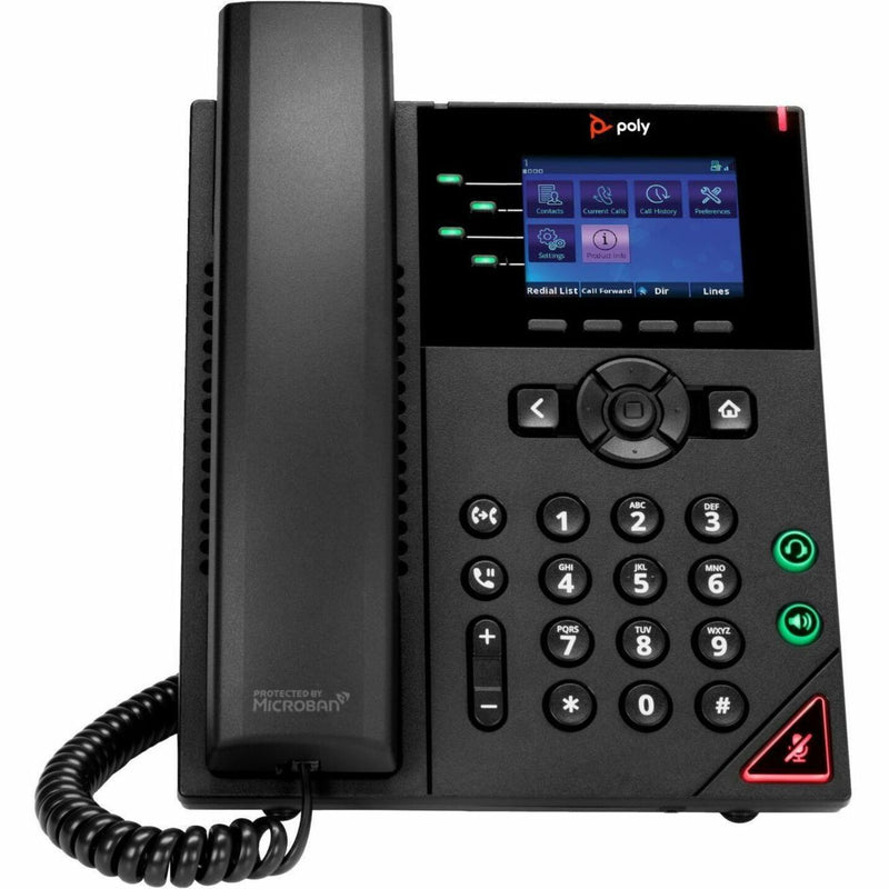 Poly VVX 250 IP phone with color display showing menu interface, numeric keypad, and corded handset with Microban protection