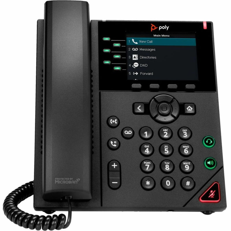 Front view of Poly VVX 350 IP phone showing color display menu interface and numeric keypad