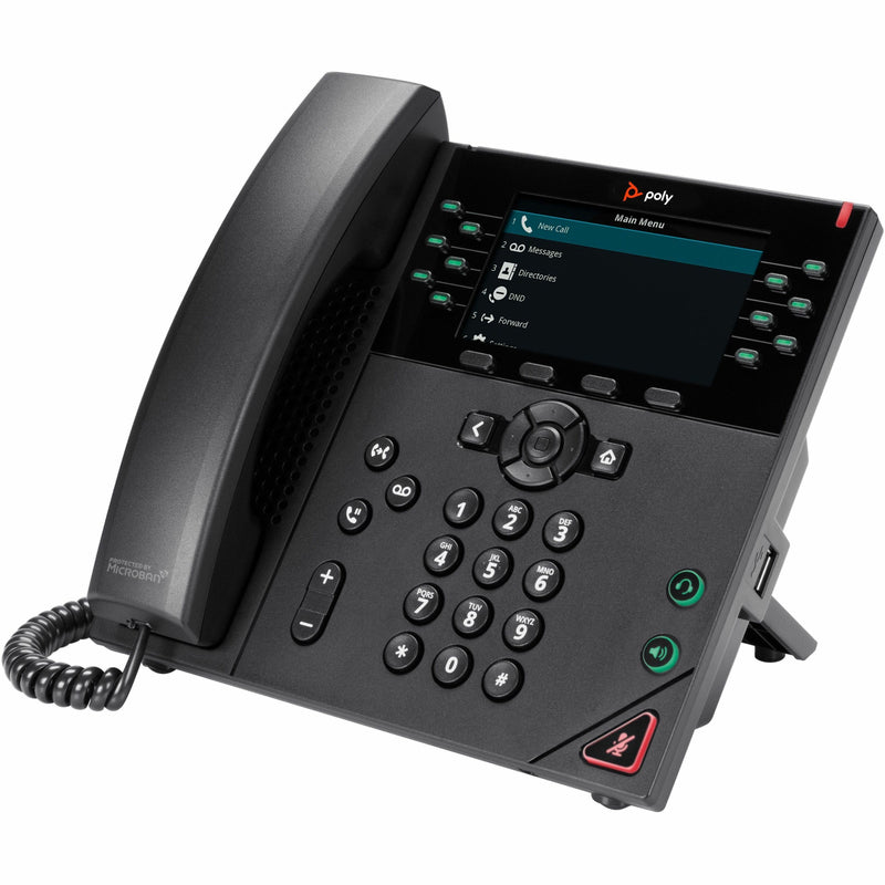 Poly VVX 450 IP phone showing 4.3-inch color display with main menu interface, featuring 12 line keys and ergonomic keypad