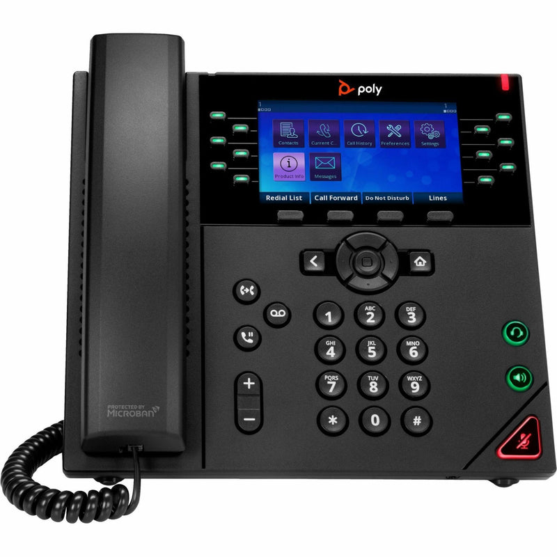 Poly OBi VVX 450 IP phone displaying color LCD screen with menu interface, featuring 12 line keys and full numeric keypad in black finish