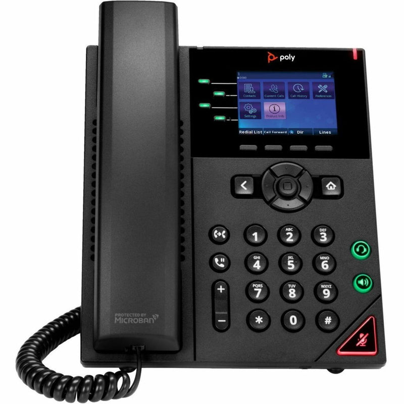 Poly OBi VVX 250 IP phone with color display showing menu interface, numeric keypad, and corded handset in black finish