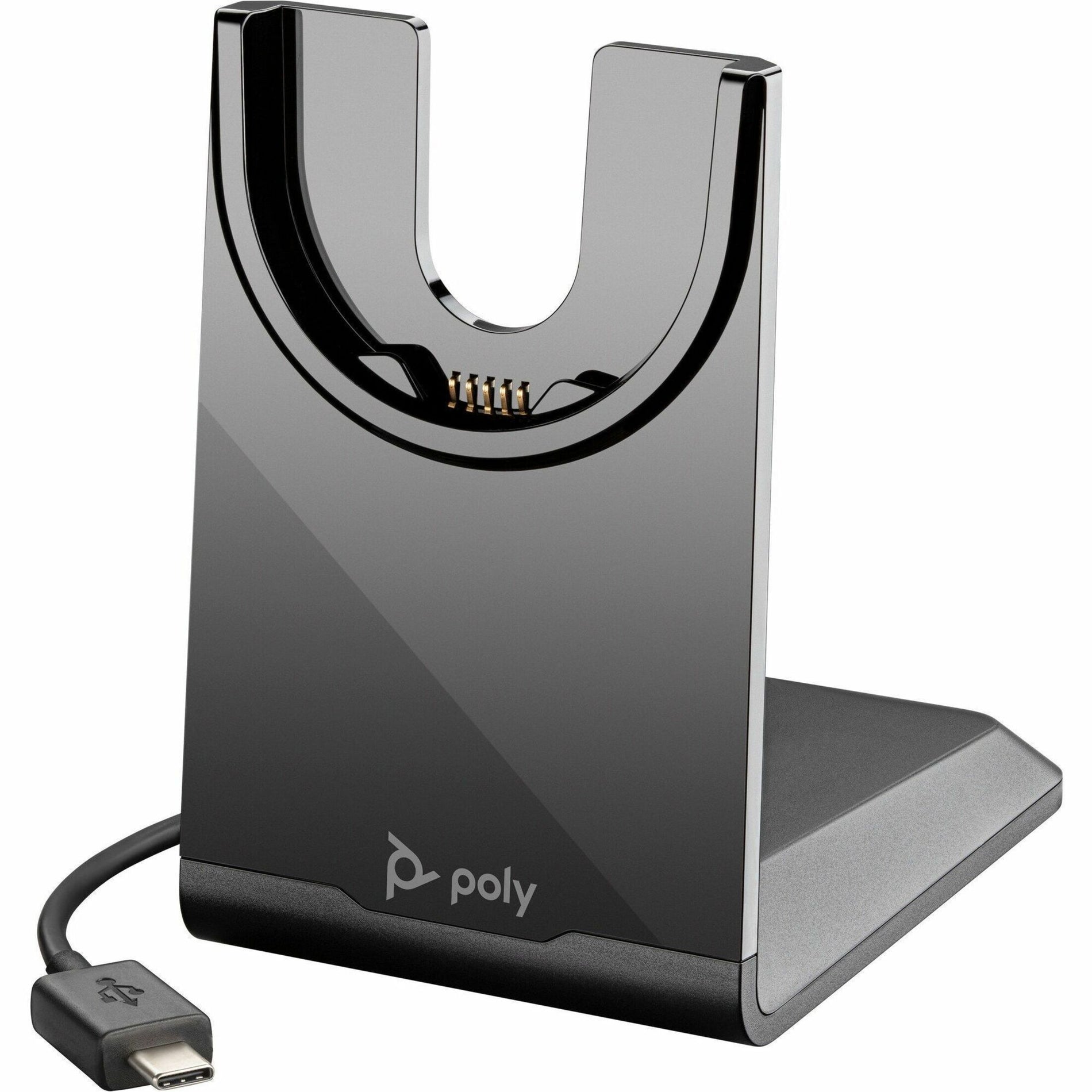 Close-up of Poly Voyager Focus 2 charging stand showing USB-C connection and docking mechanism-alternate-image5