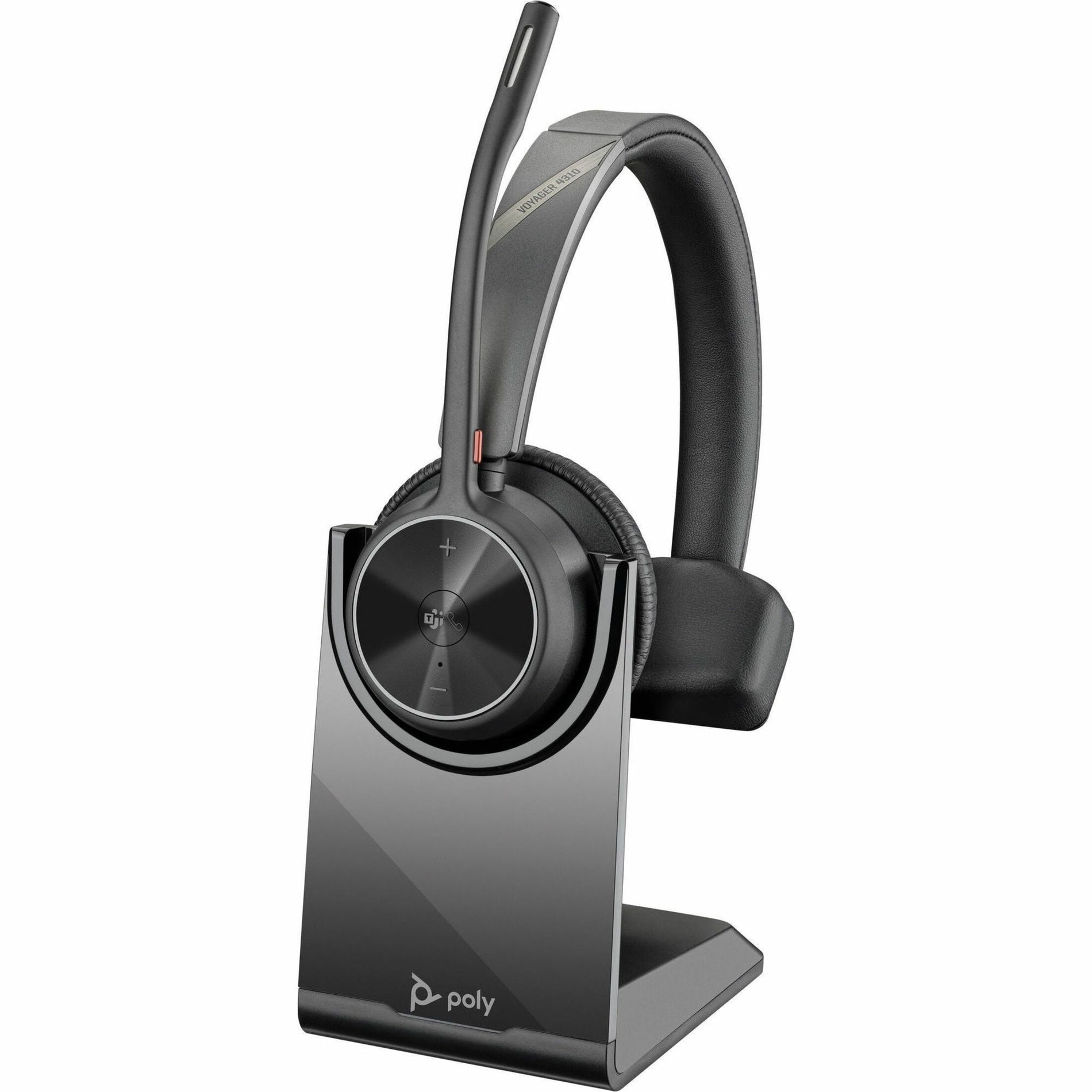 Poly Voyager 4310 headset on charging stand showing desktop setup-alternate-image3