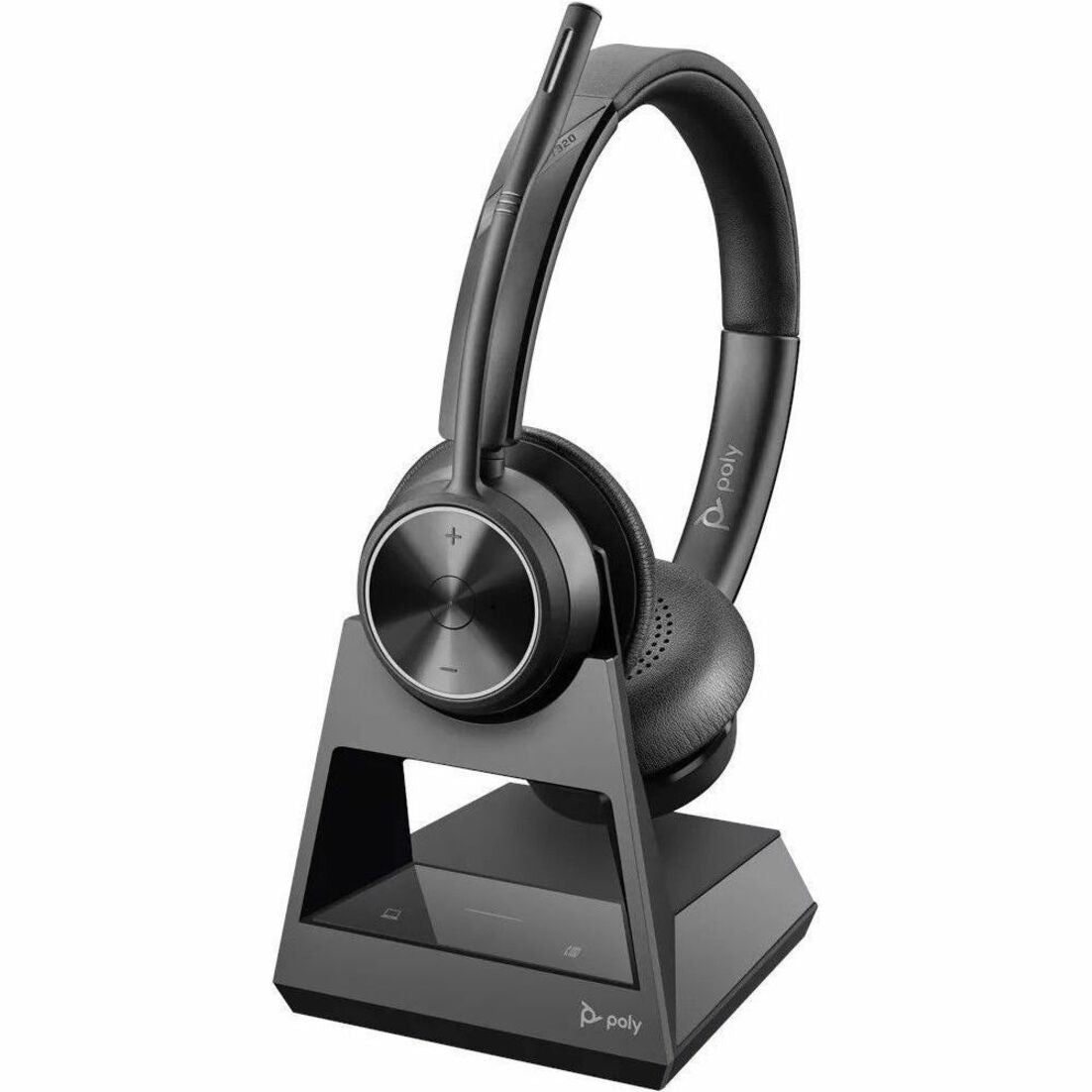 Poly Savi 7300 Office headset on its triangular charging stand showing modern design and charging capability-alternate-image2