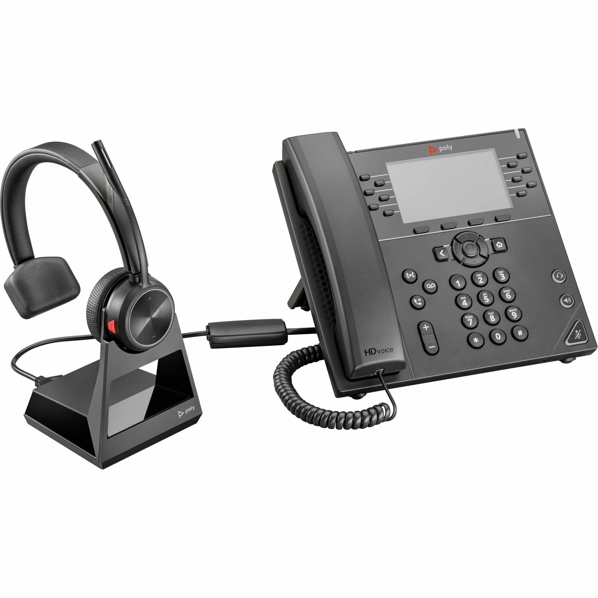 Poly Savi 7210 headset with charging base station and compatible desk phone showing complete office setup-alternate-image2