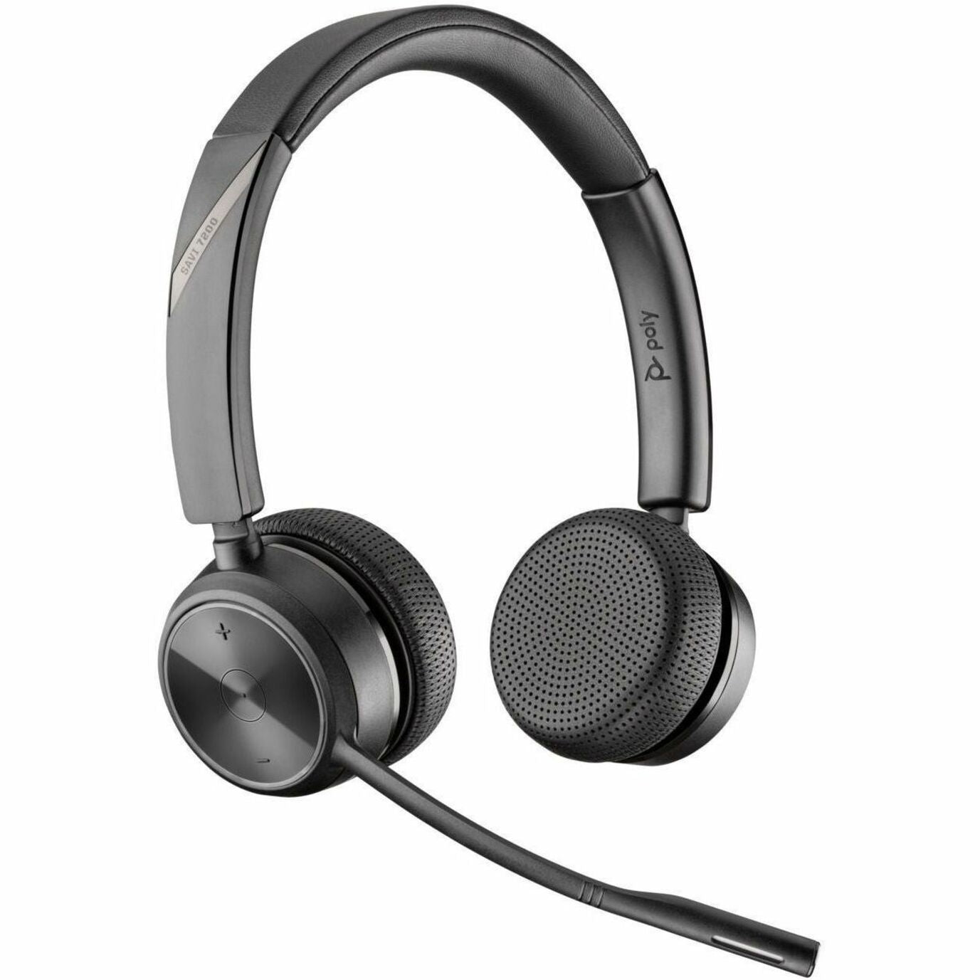 Side view of Poly Savi 7220 wireless headset showing binaural design with boom microphone and perforated ear cushions-alternate-image1