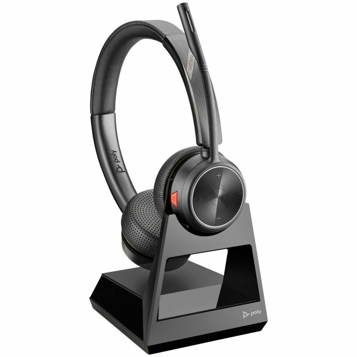 Poly Savi 7220 headset mounted on its charging base station showing modern design and docking mechanism-alternate-image2