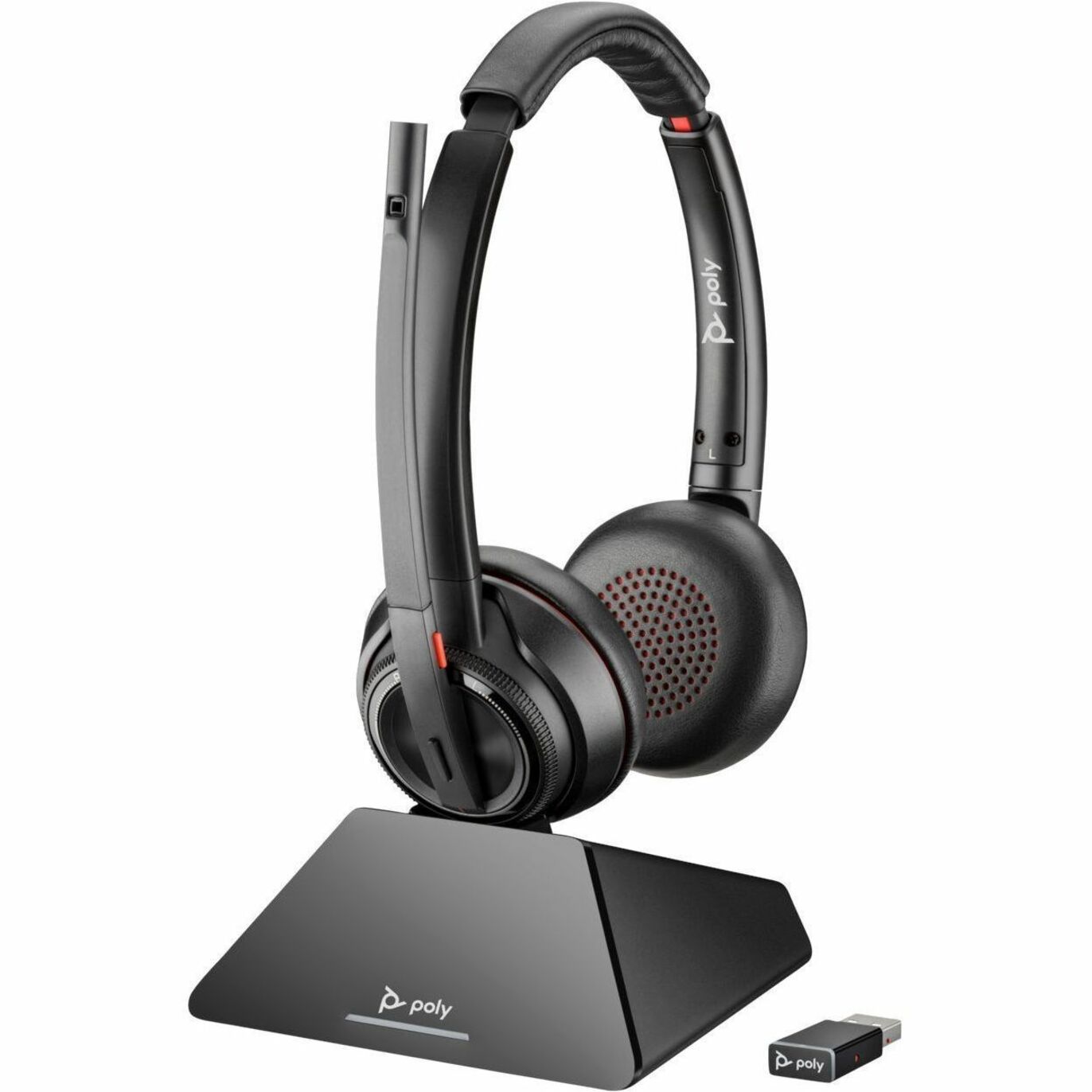 Poly Savi 8220 headset with charging stand and USB adapter showing wireless capabilities-alternate-image5