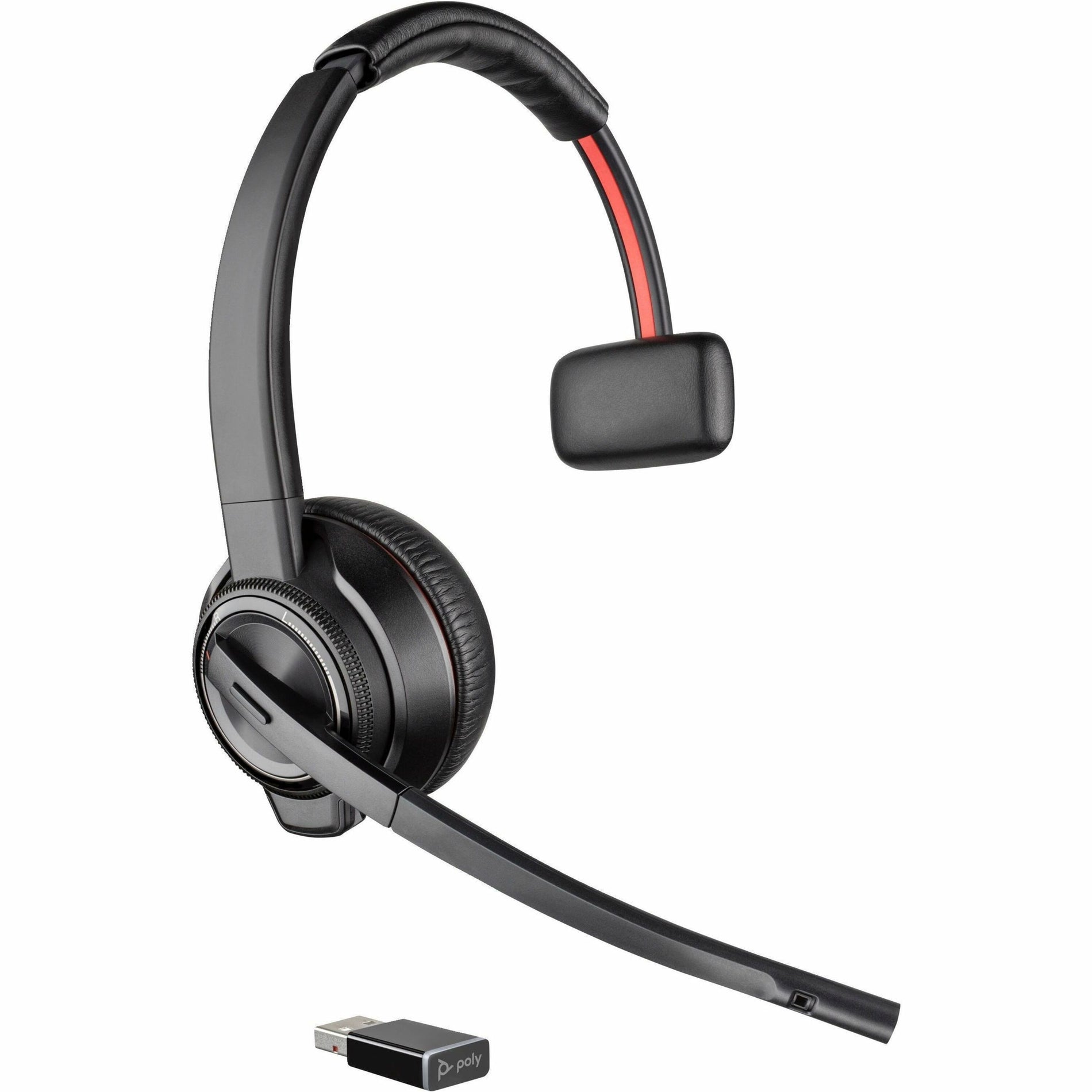 Side view of Poly Savi 8210-M wireless headset with USB adapter-alternate-image2