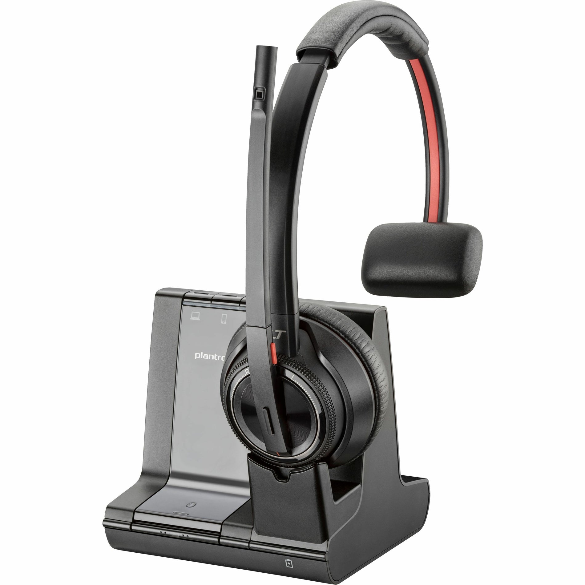 Poly Savi 8210-M headset on charging base station with boom microphone extended-alternate-image1