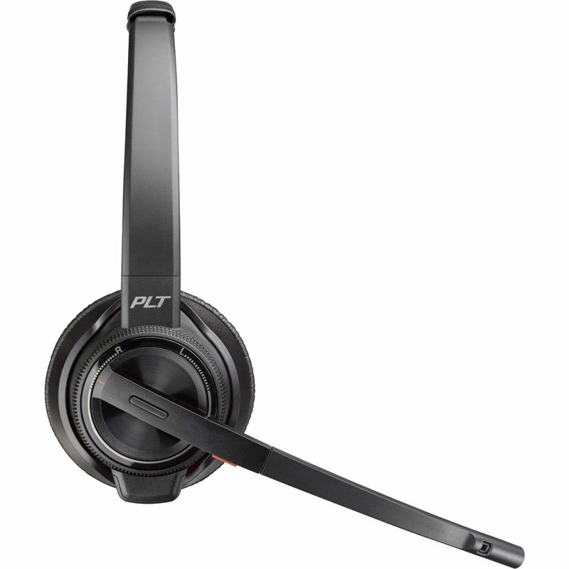 Side view of Poly Savi 8220 headset showing adjustable noise-canceling boom microphone