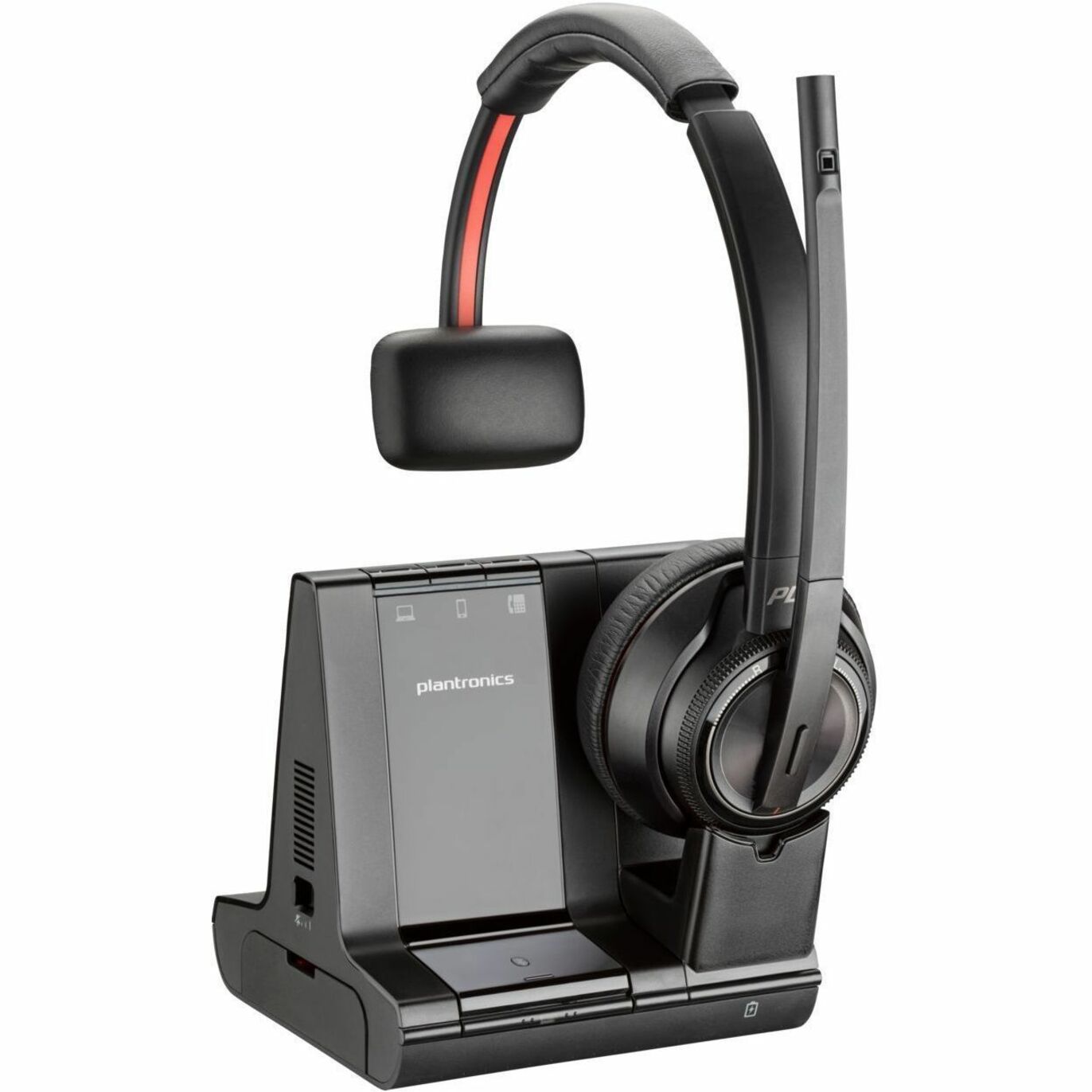 Poly Savi 8210 headset mounted on charging base station showing connectivity options and controls-alternate-image2