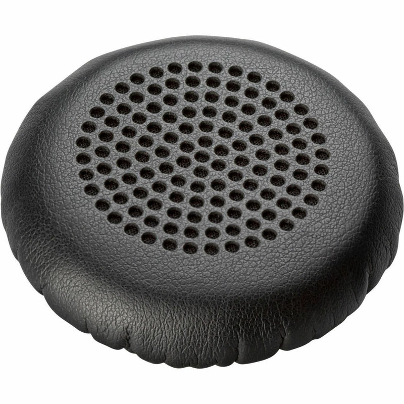 Close-up of black leatherette Poly ear cushion showing perforated ventilation pattern