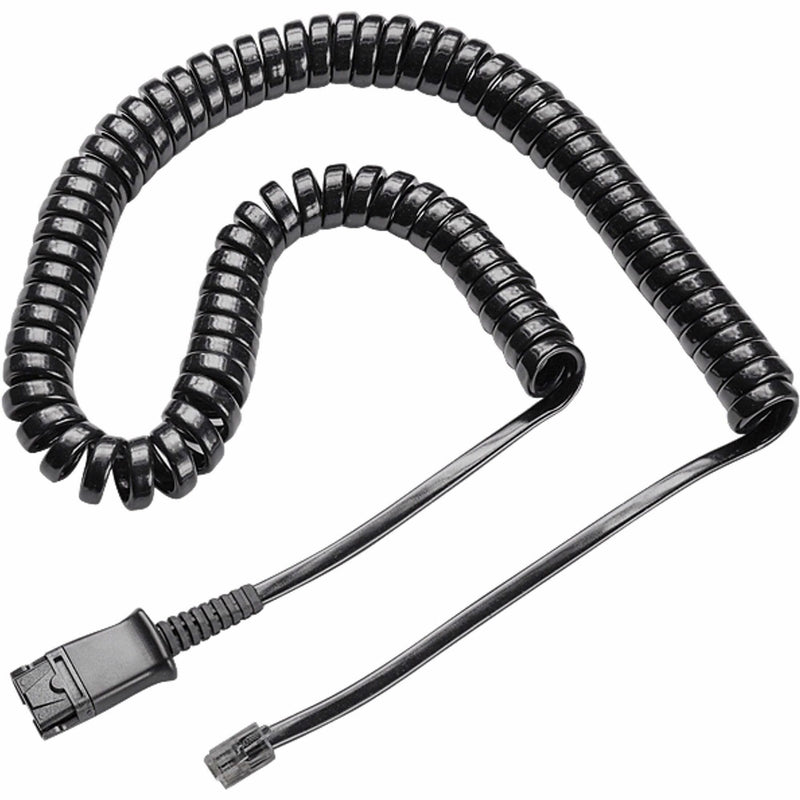 Black coiled headset cable with Quick Disconnect and RJ-11 connectors, showing spiral design for stretch and retraction