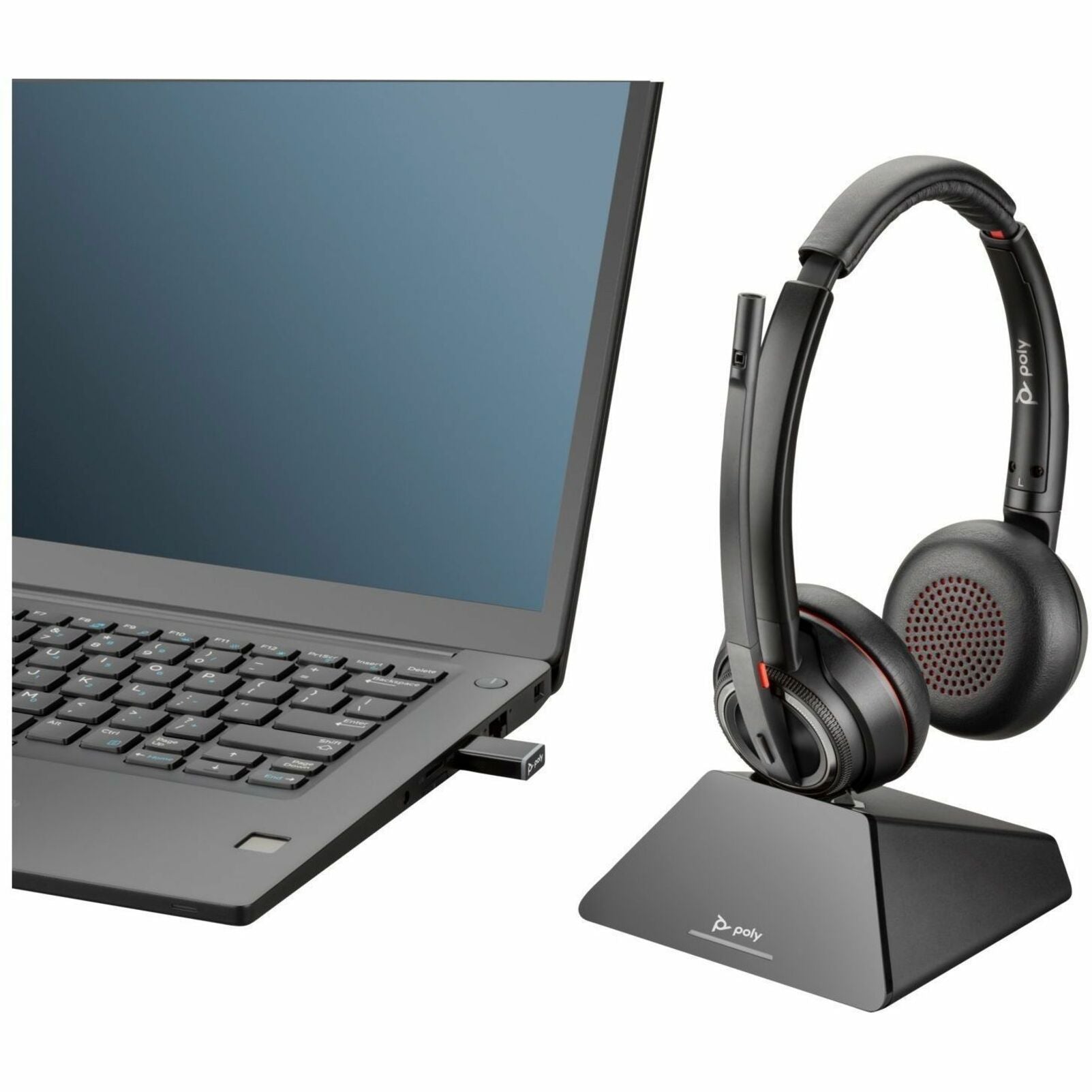 Poly Savi 8220 UC headset with charging base next to laptop showing USB connectivity-alternate-image4