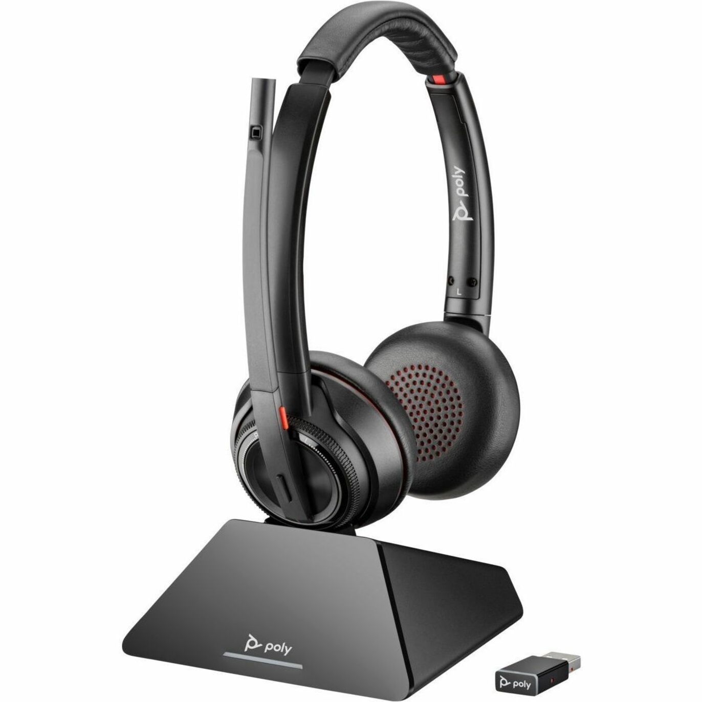 Poly Savi 8220 UC headset on charging base station with USB adapter-alternate-image3