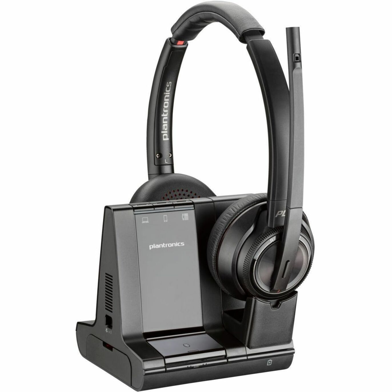 Detailed view of Poly Savi 8220 UC base station with headset docked-alternate-image5