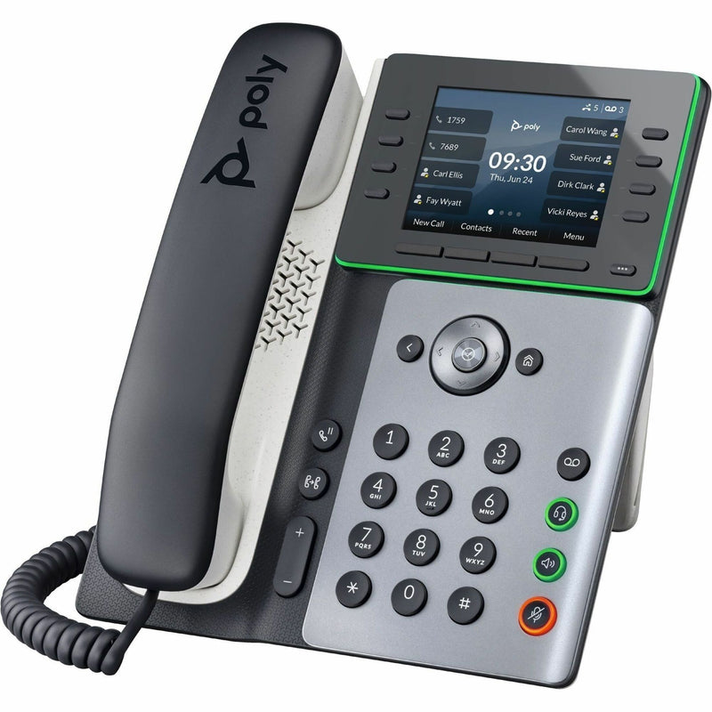 Angled view of Poly Edge E350 IP phone highlighting navigation controls and keypad layout