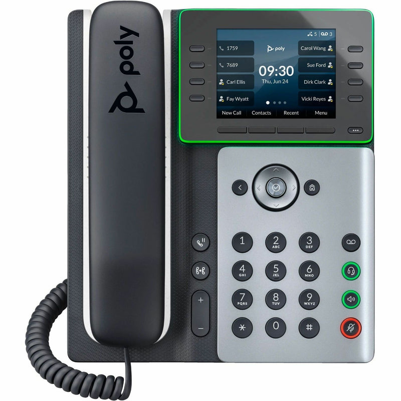 Front view of Poly Edge E350 IP phone showing 3.5-inch color display with contact list and menu interface