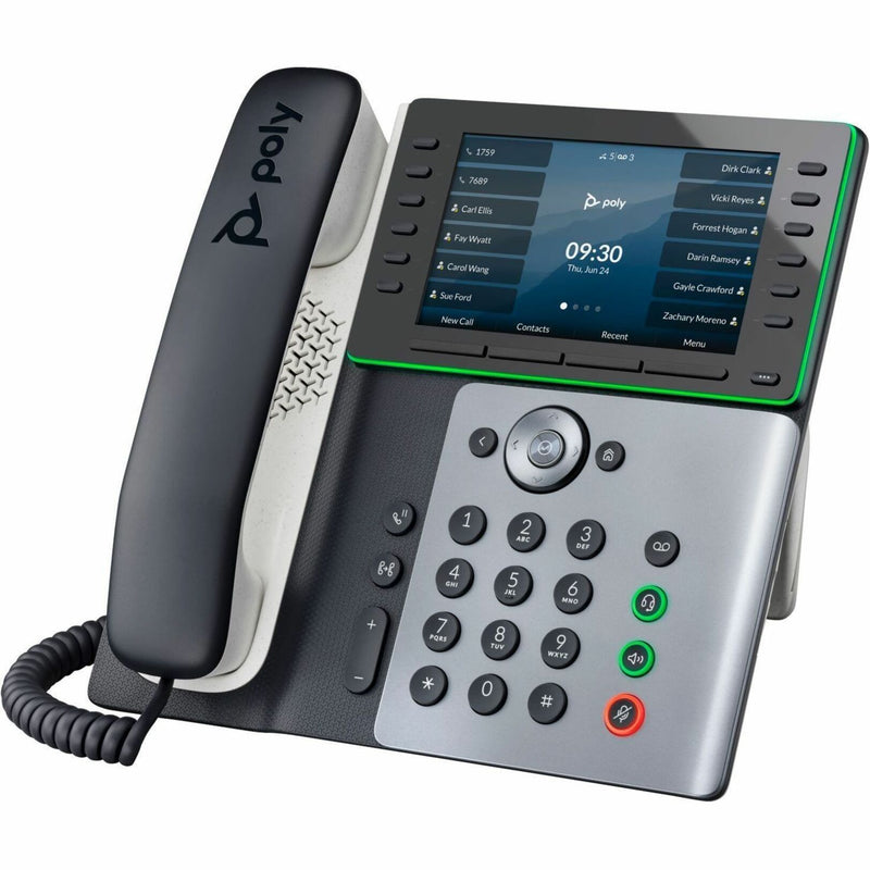 Poly Edge E550 IP phone front view showing 5-inch color display with contact list and ergonomic keypad layout