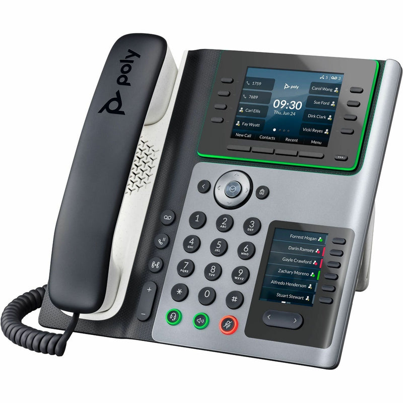 Front view of Poly Edge E450 IP phone with dual displays and keypad